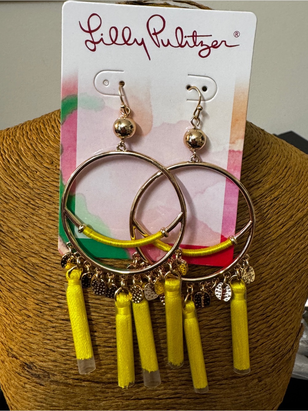 Lilly Pulitzer Bright Yellow Tassel Hoop Earrings with Gold Accents